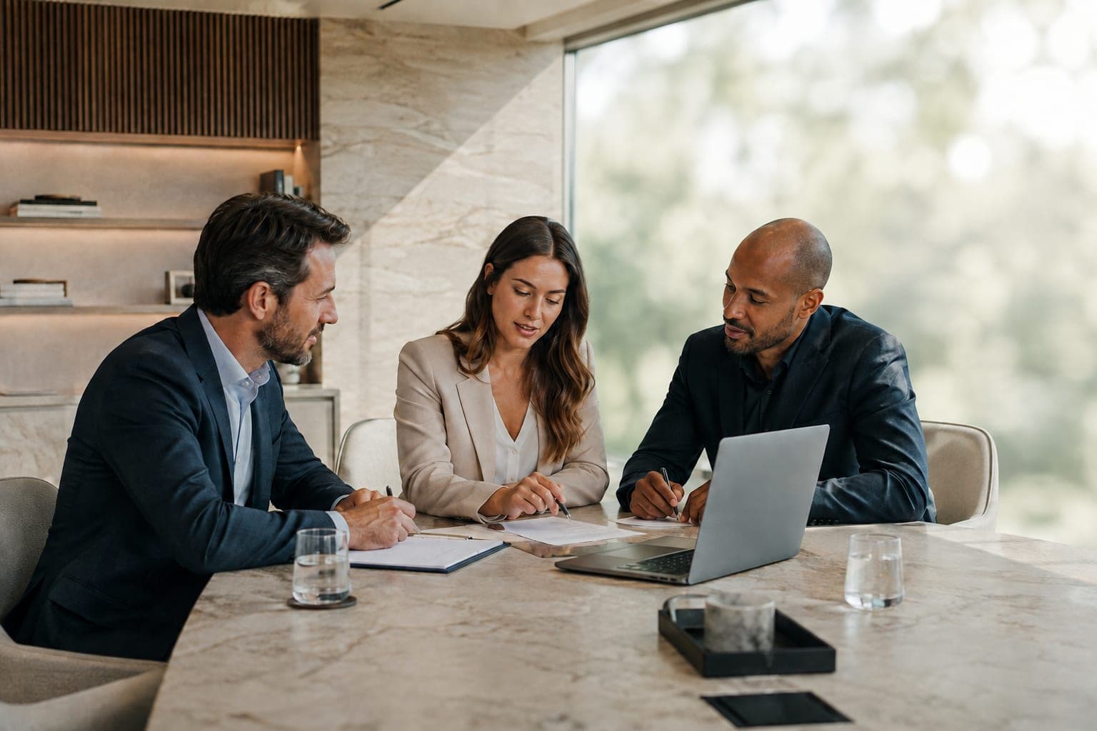 Three professionals reviewing documents together around a table