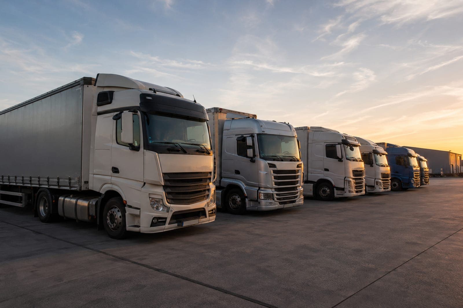 Motrici con semirimorchio parcheggiate in fila in un piazzale logistico al tramonto