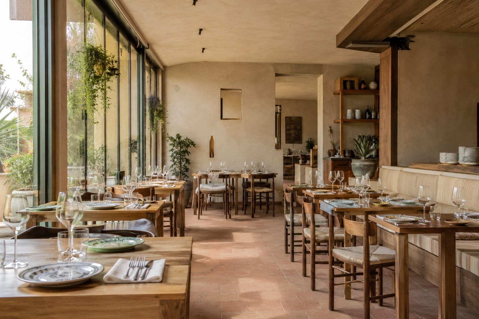 Sala di un ristorante apparecchiata prima del servizio, con luce naturale da una vetrata